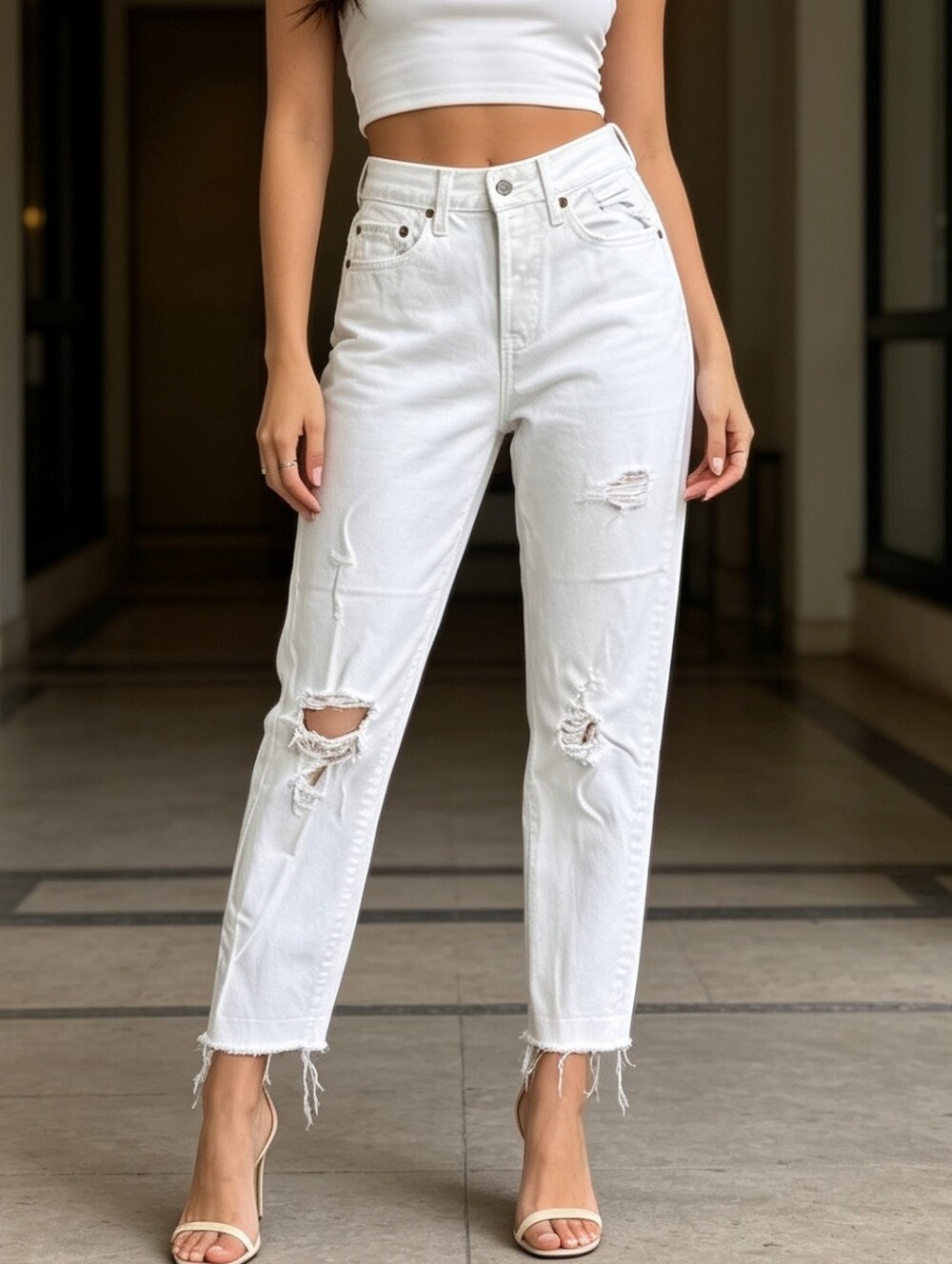 Levi's Size 27 White Distressed Straight Mom Jeans High Rise Cropped Raw Hem